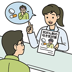 抗がん剤の吐き気対策について説明する薬剤師
